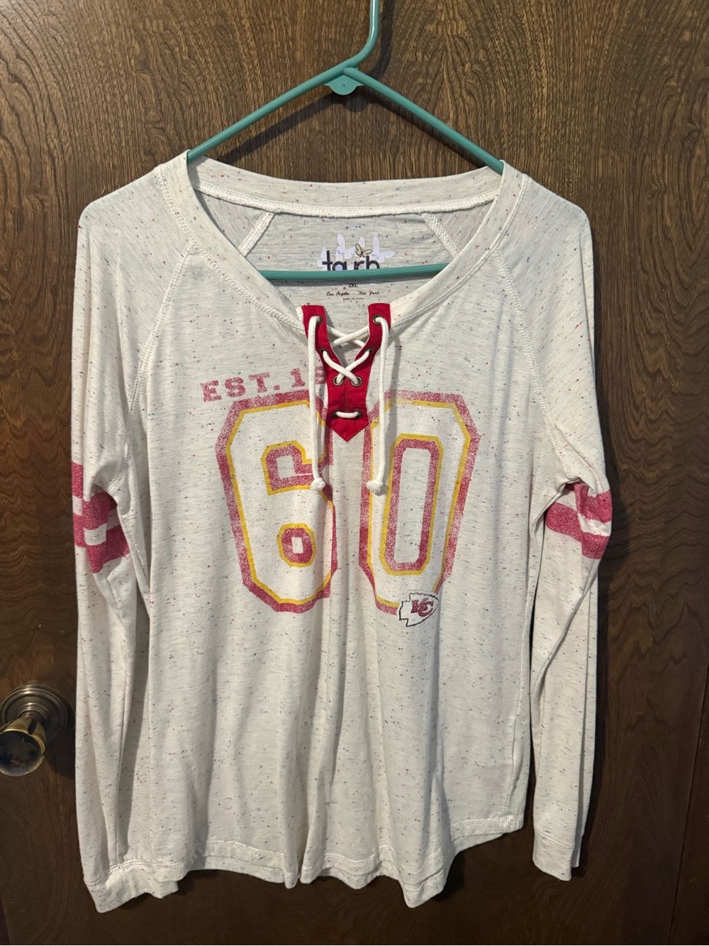 White Lace-Up '60' Football Graphic Long Sleeve Tee. KC Chiefs